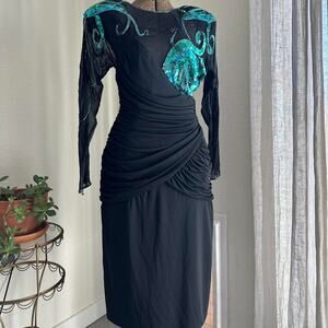 L.Magnin Womens 8 Dress Black Silk Beaded Evening Gown Teal Sequin Appliqué